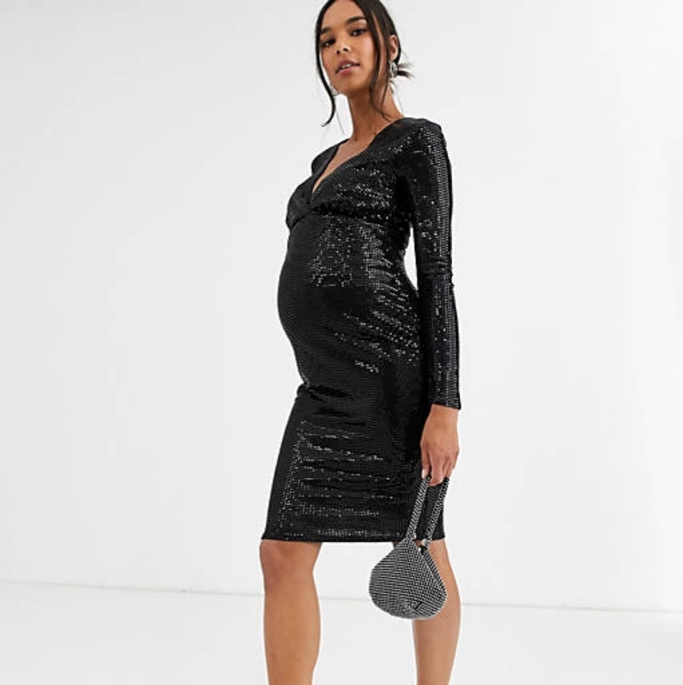 Flounce London Maternity long sleeve sequin midi dress in black sparkle